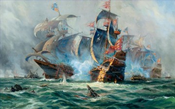 海戦 Painting - 戦闘中の軍艦